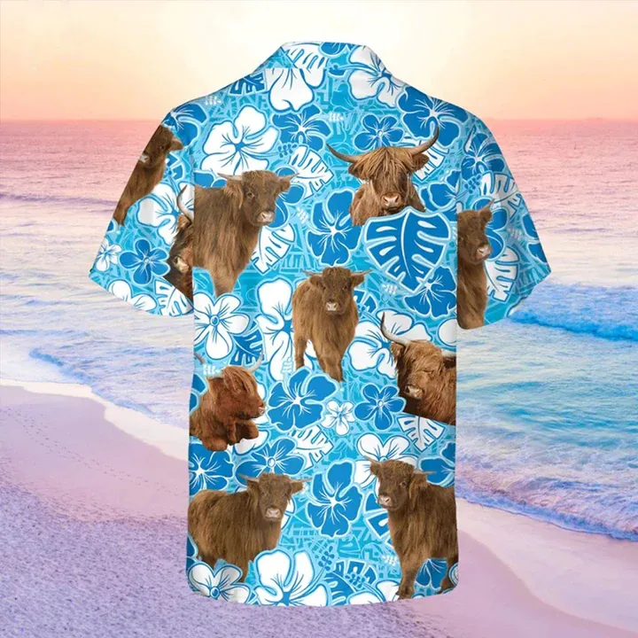 Highland cow Blue Floral Hawaiian Shirt, Cow Hawaii Shirt, Cow Lovers Shirt For Men