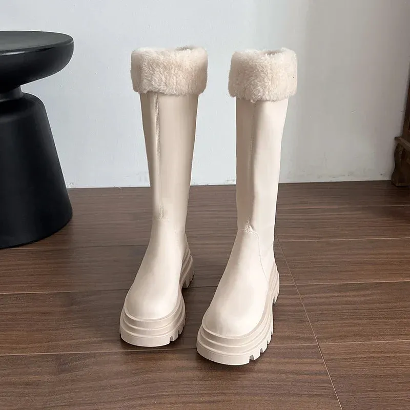 Hnzxzm Winter Warm Plush Women Knight Long Boots Fashion Platform Knee High Booties Concise Square Heels Shoes