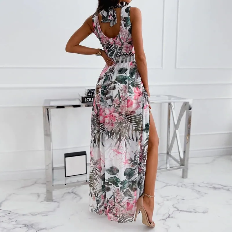 JuliaFashion - 2024 Women Sleevelss Chiffon Split Floral V-Neck Vacation Dresses