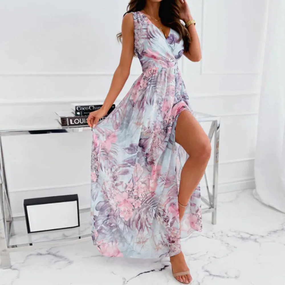 JuliaFashion - 2024 Women Sleevelss Chiffon Split Floral V-Neck Vacation Dresses