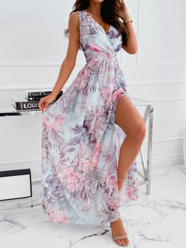 JuliaFashion - 2024 Women Sleevelss Chiffon Split Floral V-Neck Vacation Dresses