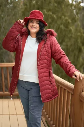 Junior Plus Size Reversible Wine Red Dyed Vegan Fur Double-Sided Cotton Twill Parka & Puffer Jacket /1-1-1-1