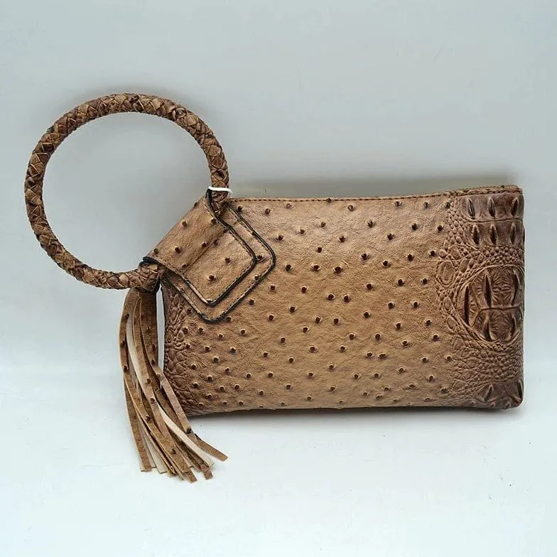 JYV0374 Tasia Croc Ostrich Bangle Wristlet/Clutch With Tassel