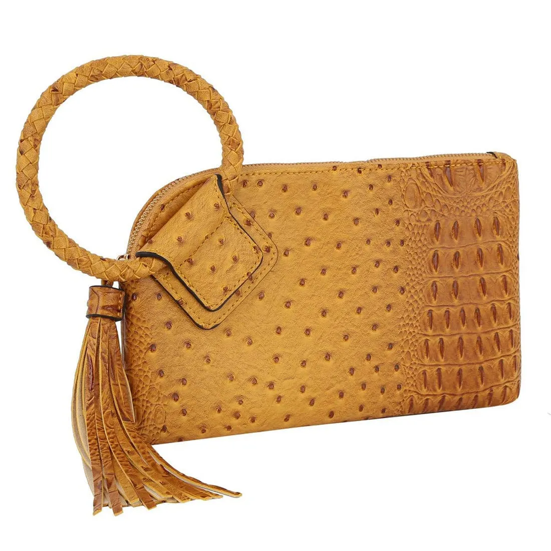 JYV0374 Tasia Croc Ostrich Bangle Wristlet/Clutch With Tassel