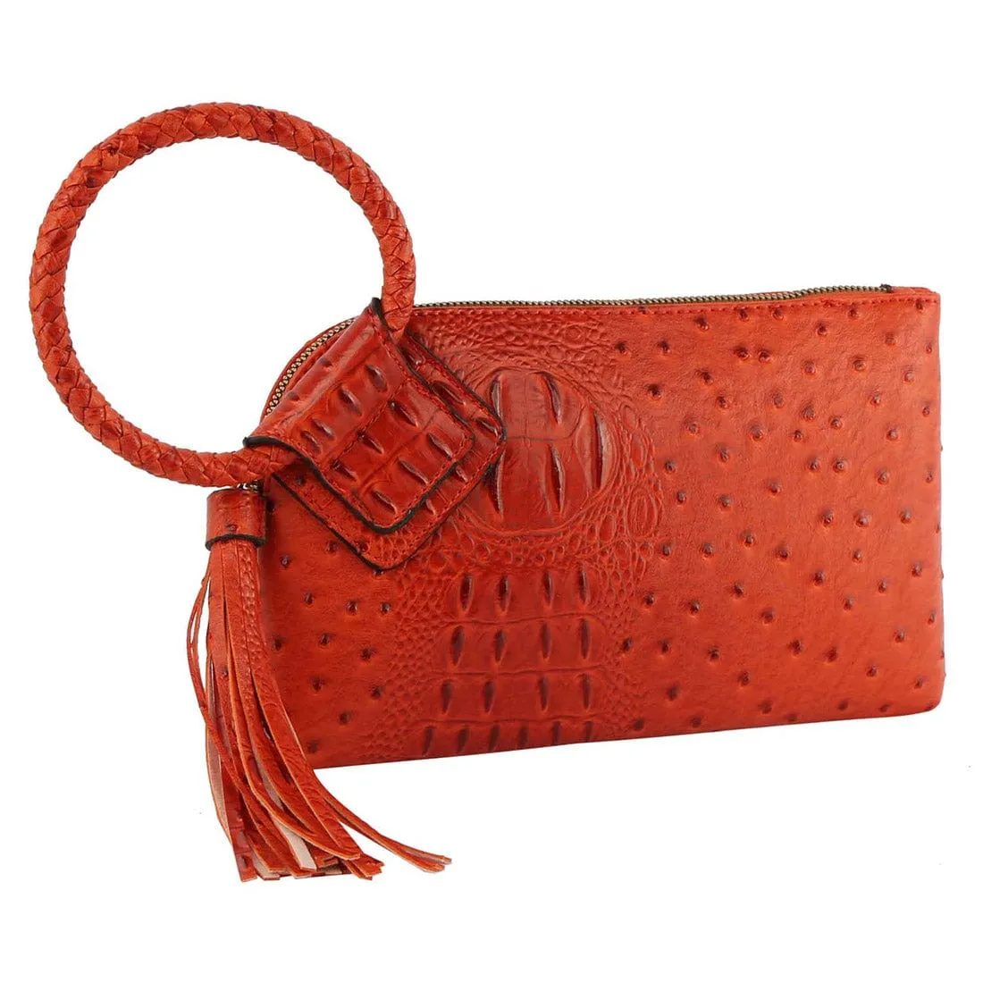 JYV0374 Tasia Croc Ostrich Bangle Wristlet/Clutch With Tassel