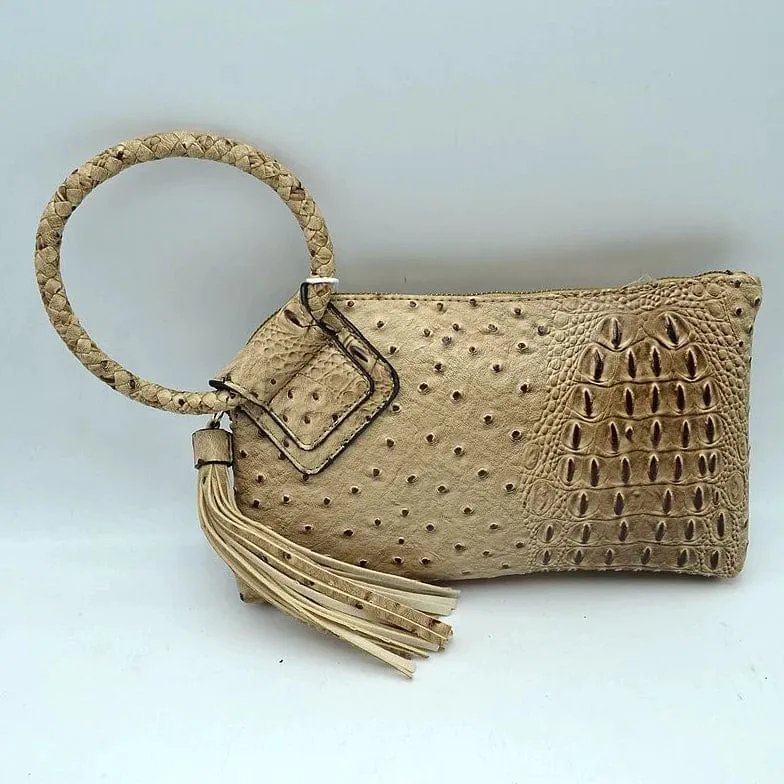 JYV0374 Tasia Croc Ostrich Bangle Wristlet/Clutch With Tassel