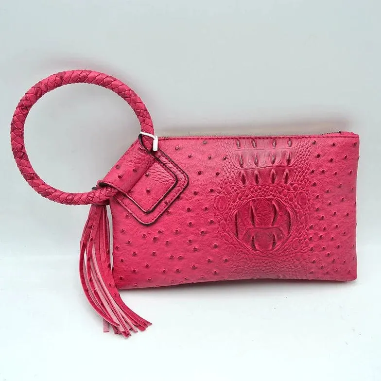 JYV0374 Tasia Croc Ostrich Bangle Wristlet/Clutch With Tassel