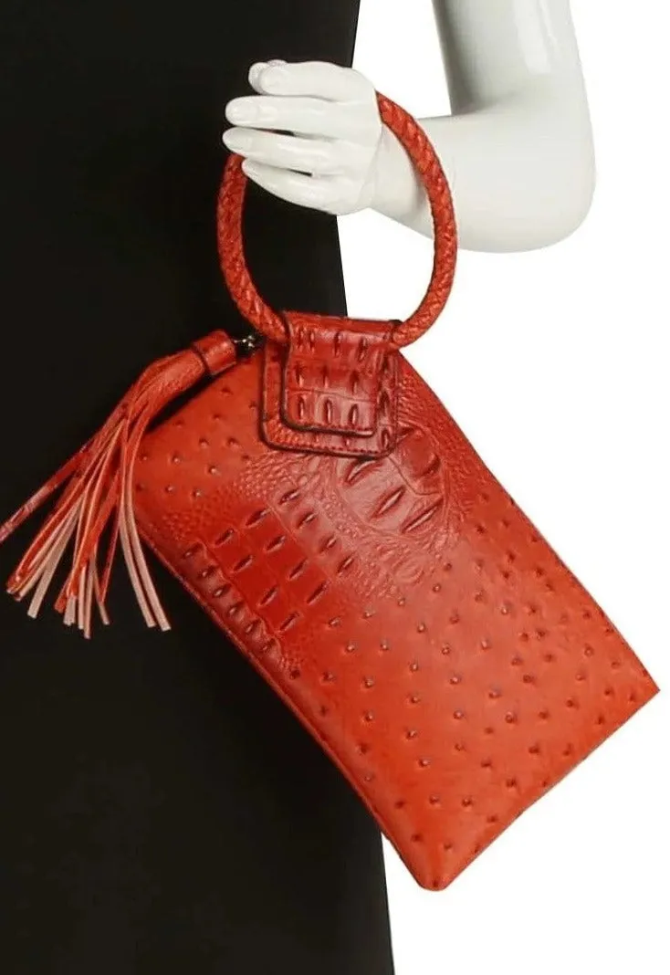 JYV0374 Tasia Croc Ostrich Bangle Wristlet/Clutch With Tassel