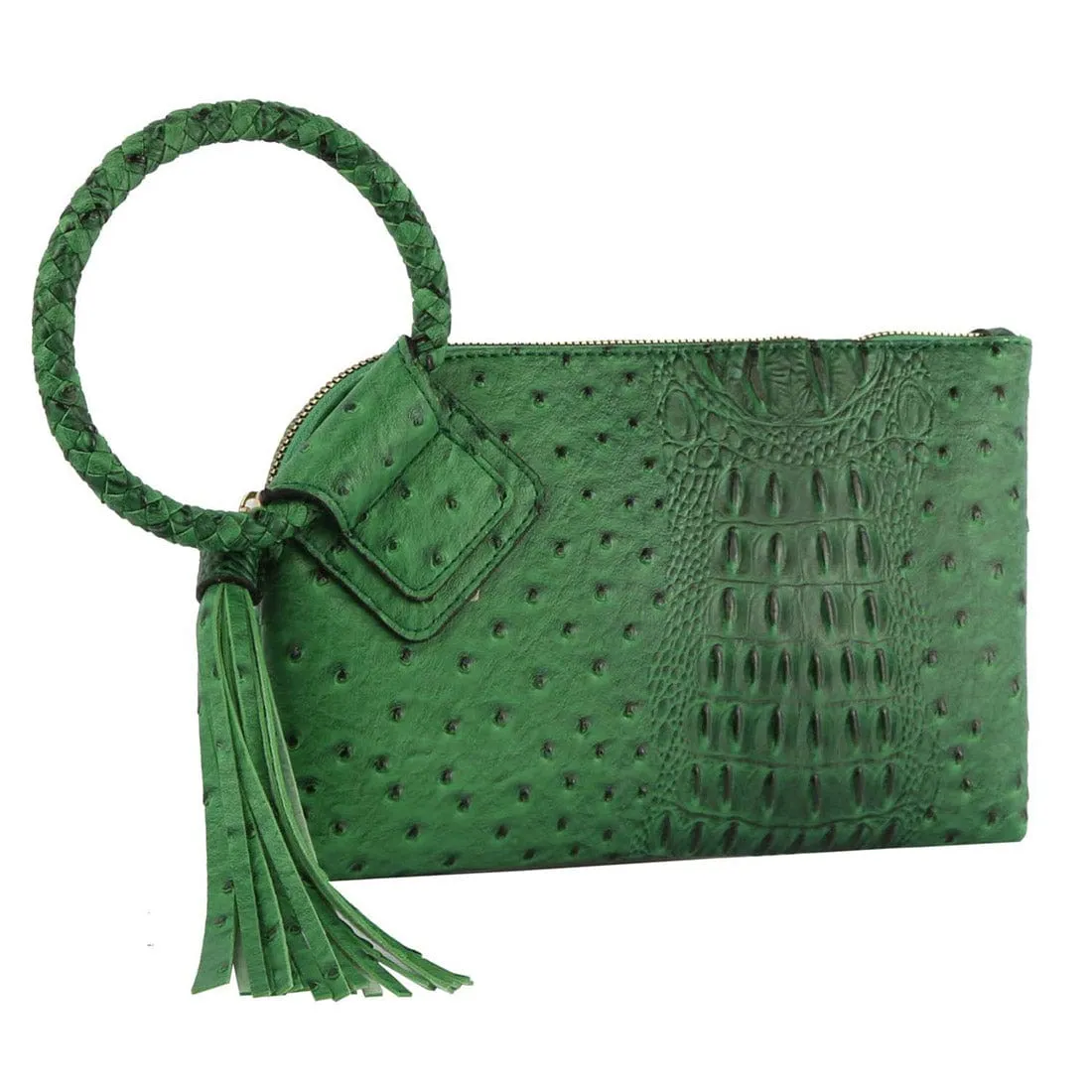 JYV0374 Tasia Croc Ostrich Bangle Wristlet/Clutch With Tassel