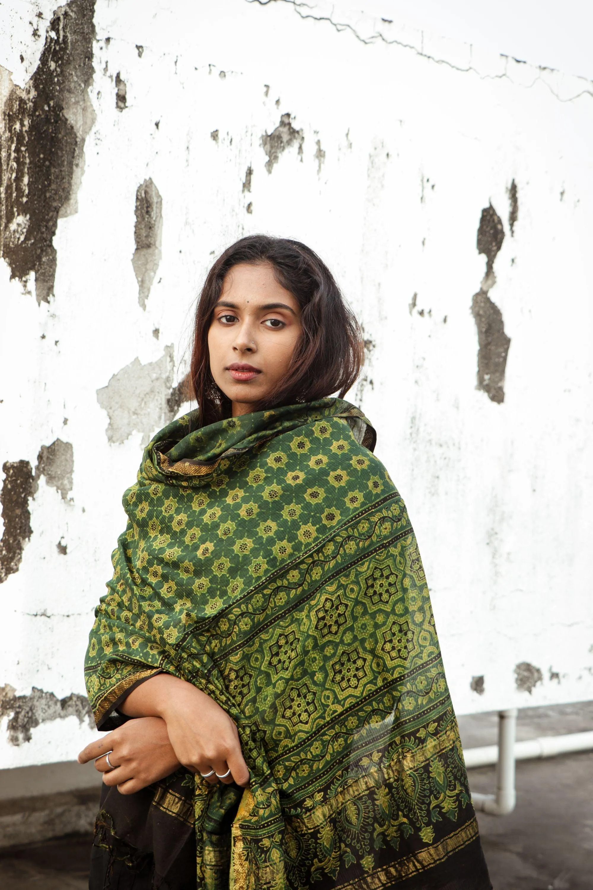 Kaisori Ajrakh Green Chanderi Dupatta