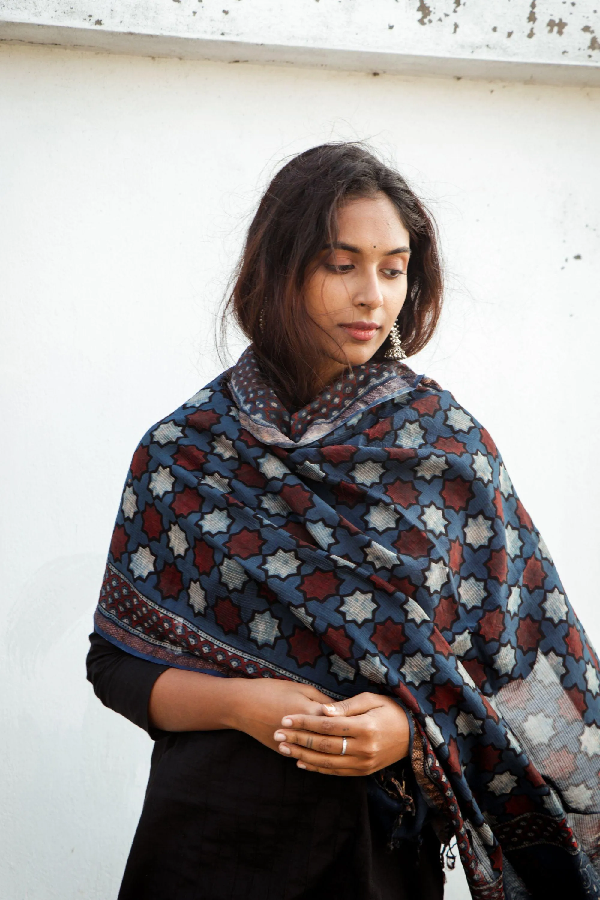 Kaisori Ajrakh Indigo Chanderi Dupatta