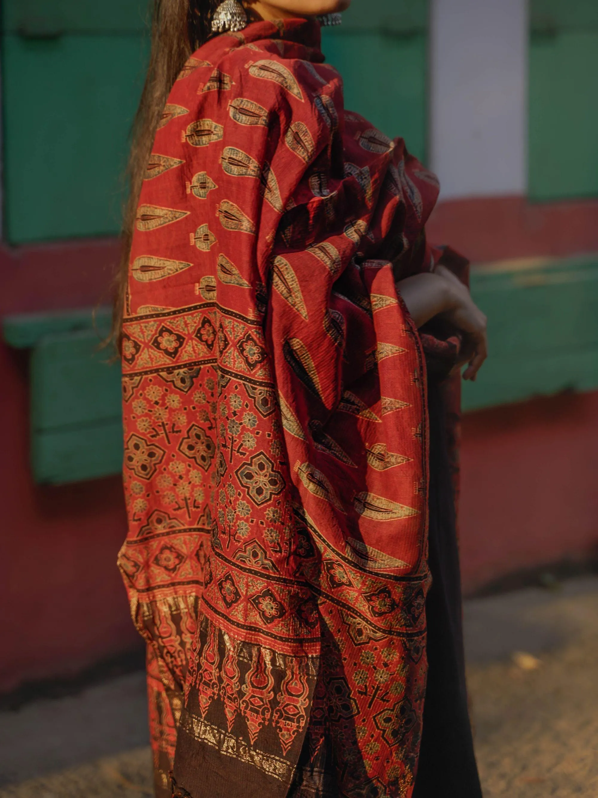 Kaisori Ajrakh Red Silk cotton dupatta