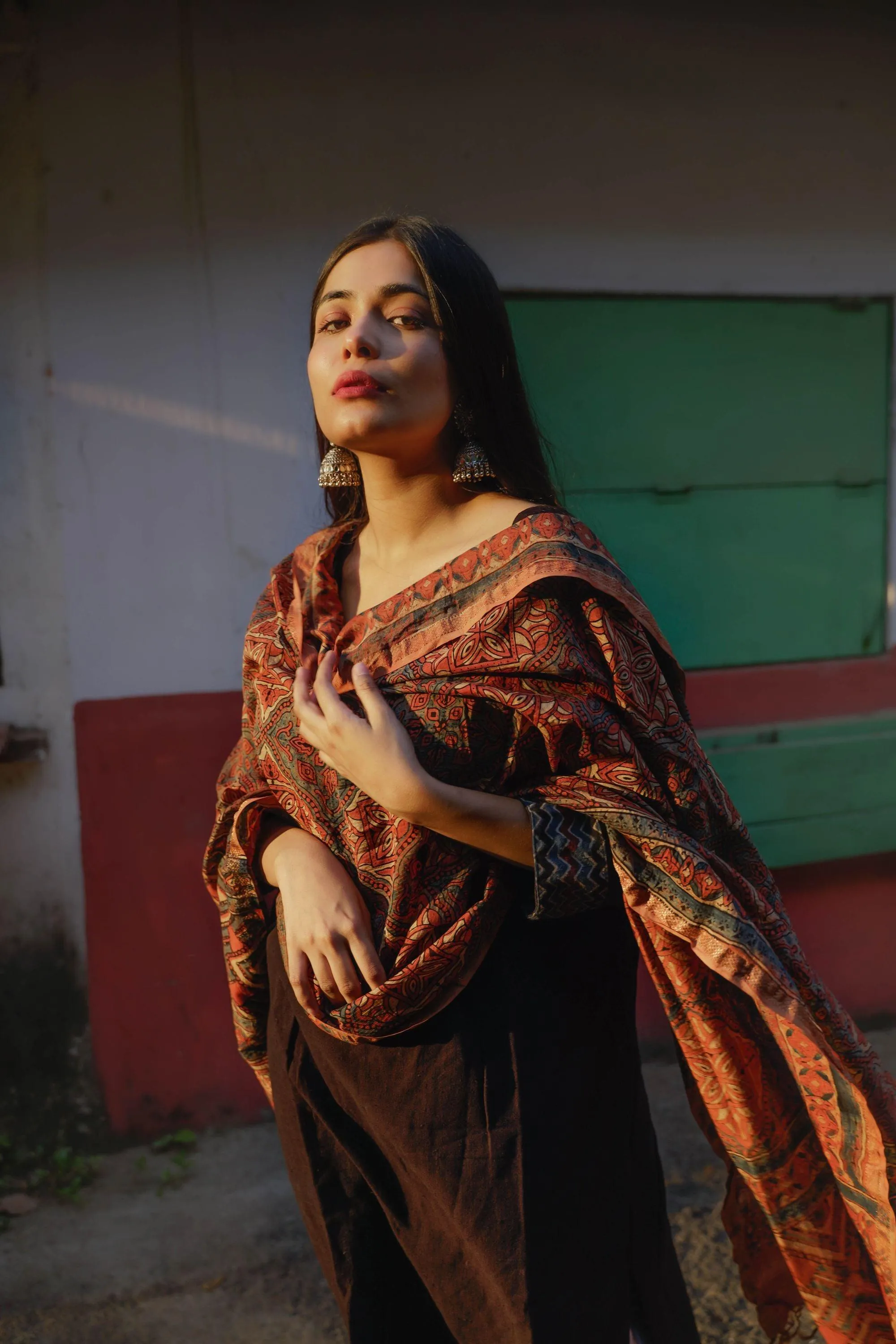 Kaisori Ajrakh Triad Red and Brown Silk cotton dupatta