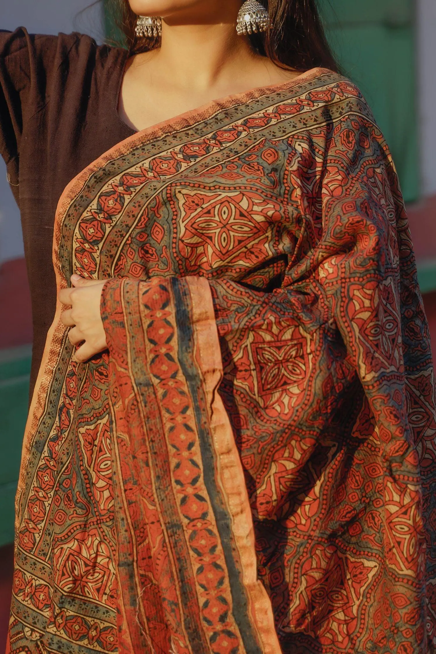 Kaisori Ajrakh Triad Red and Brown Silk cotton dupatta