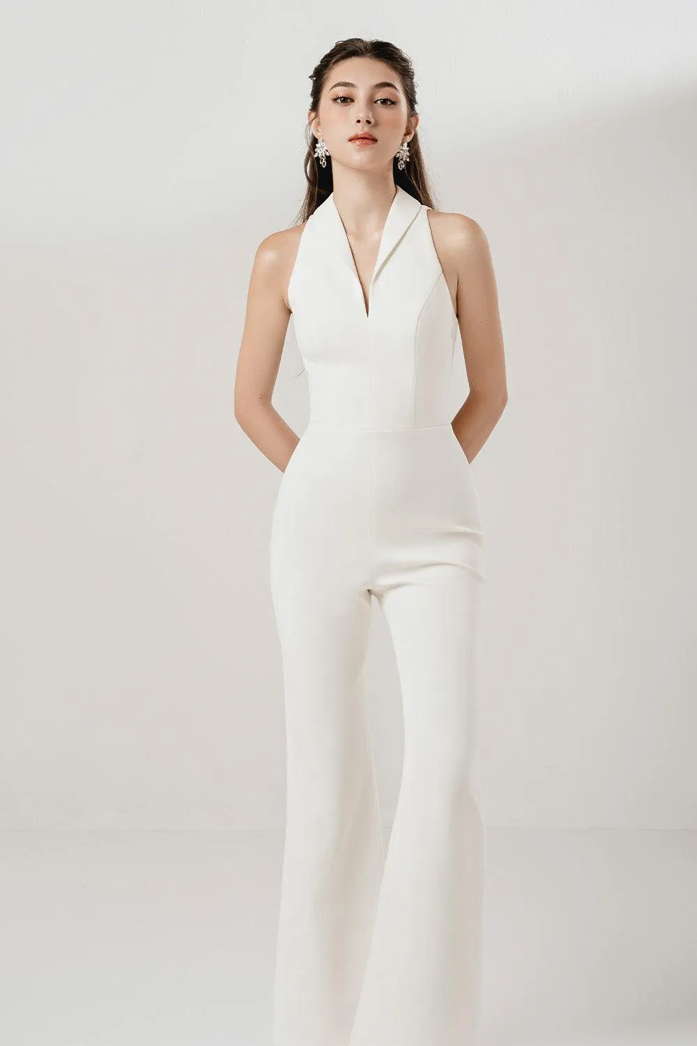 Lady Flared V-Neck Interlock Ankle Length Jumpsuit