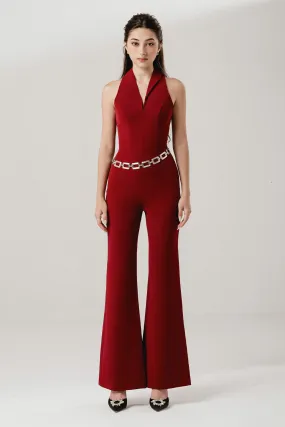 Lady Flared V-Neck Interlock Ankle Length Jumpsuit