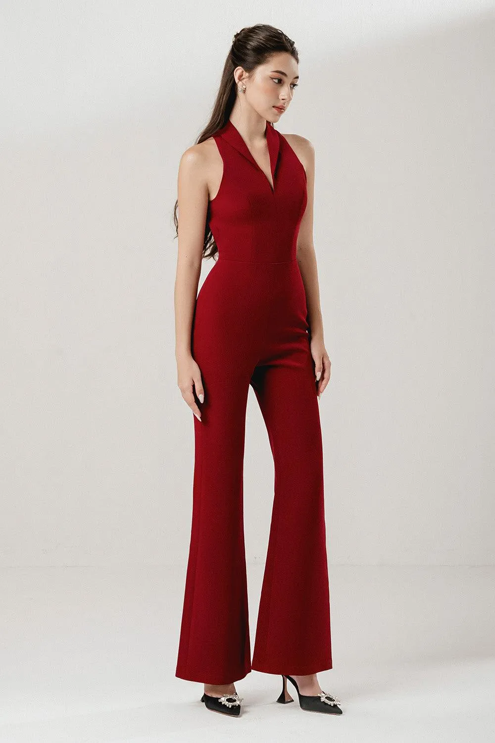 Lady Flared V-Neck Interlock Ankle Length Jumpsuit