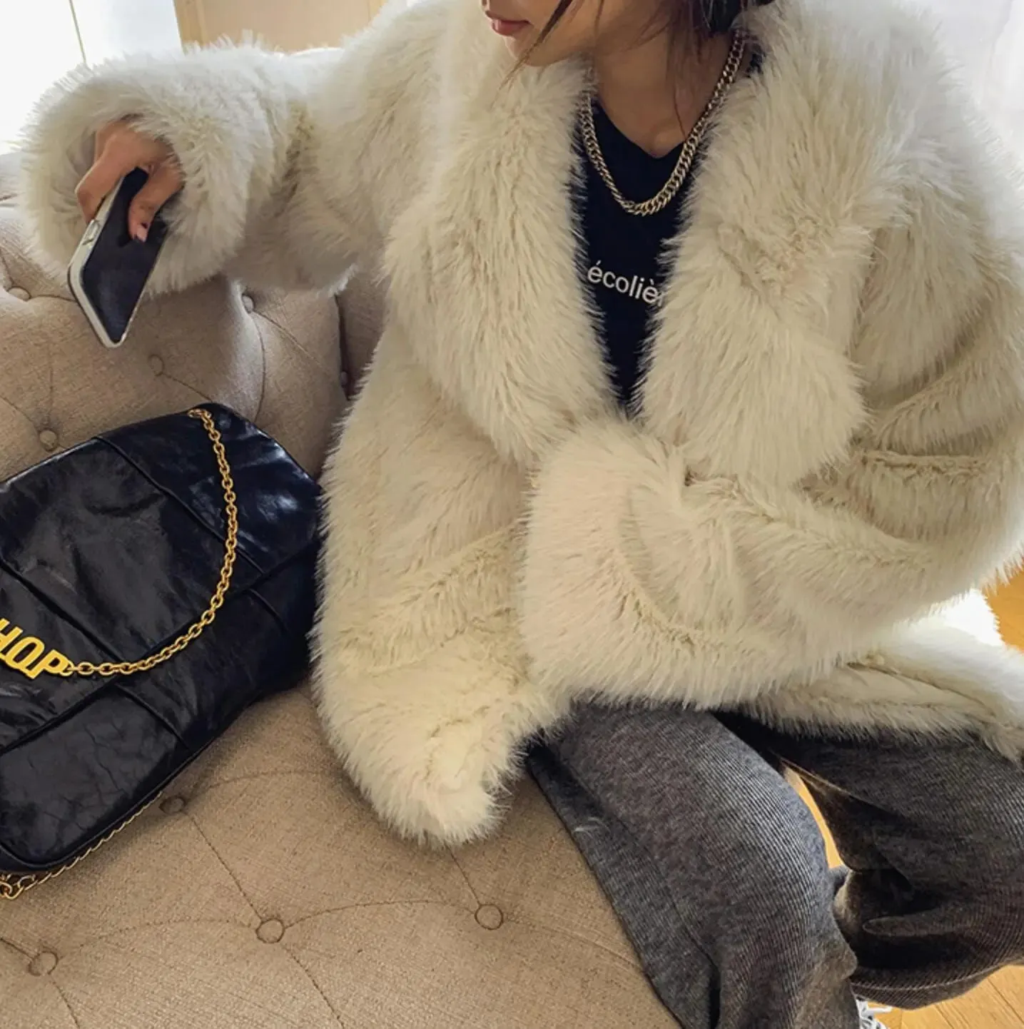 Lapel Fur Long Sleeve Warm Shaggy Jacket