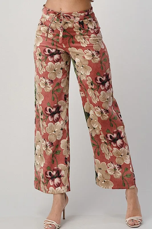 LIGHT WEIGHT CORDUROY FLORAL WIDE LEG PANTS