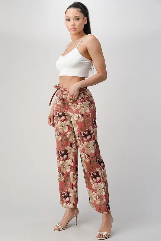 LIGHT WEIGHT CORDUROY FLORAL WIDE LEG PANTS