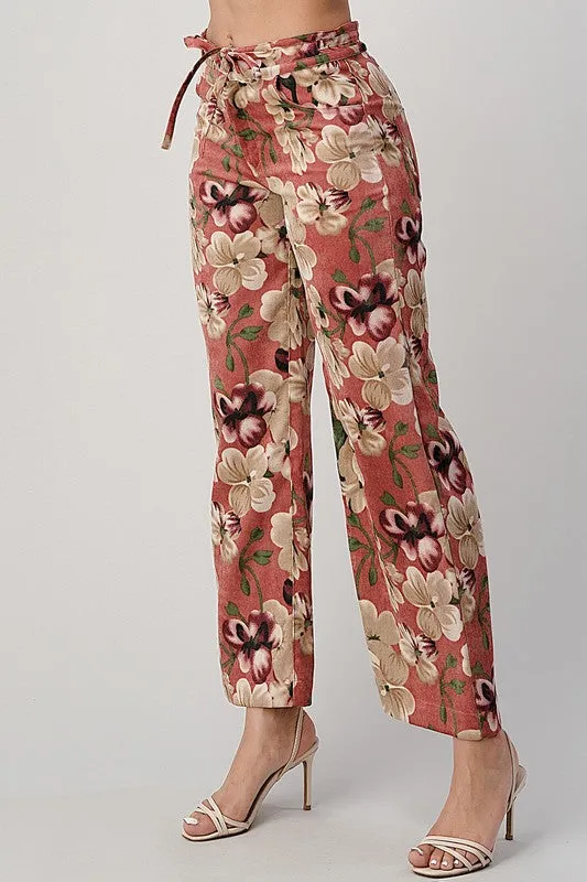 LIGHT WEIGHT CORDUROY FLORAL WIDE LEG PANTS