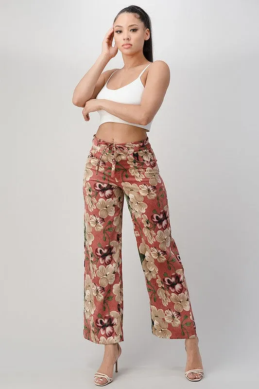 LIGHT WEIGHT CORDUROY FLORAL WIDE LEG PANTS