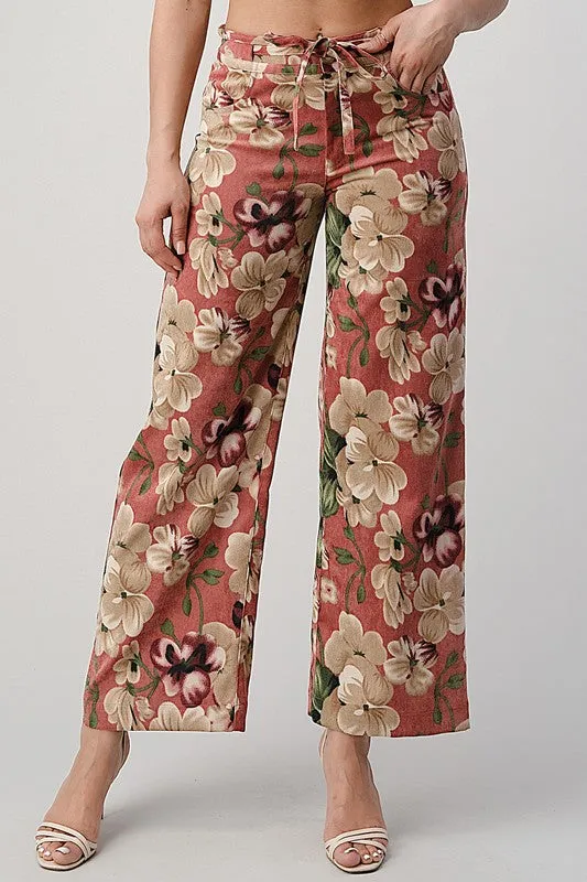 LIGHT WEIGHT CORDUROY FLORAL WIDE LEG PANTS