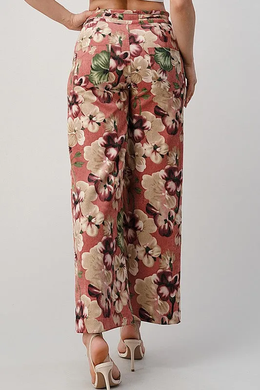 LIGHT WEIGHT CORDUROY FLORAL WIDE LEG PANTS