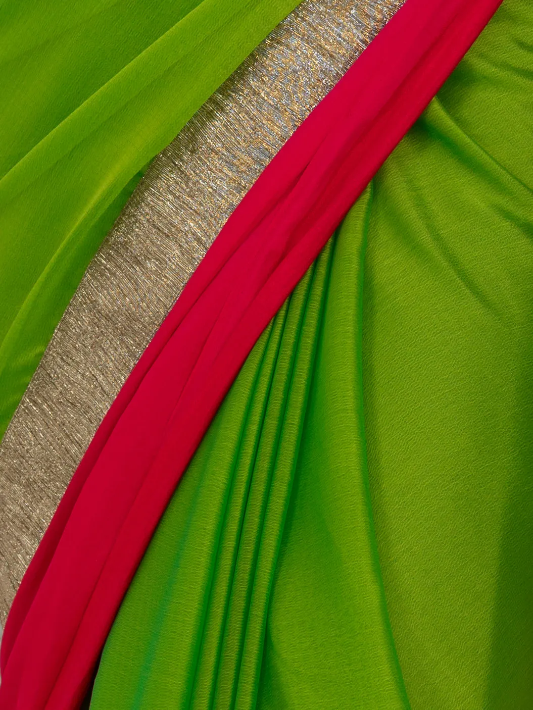 Lime Green Chiffon with Fuchsia Satin Border Saree with Green Sequin Blouse Fabric