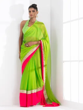 Lime Green Chiffon with Fuchsia Satin Border Saree with Green Sequin Blouse Fabric