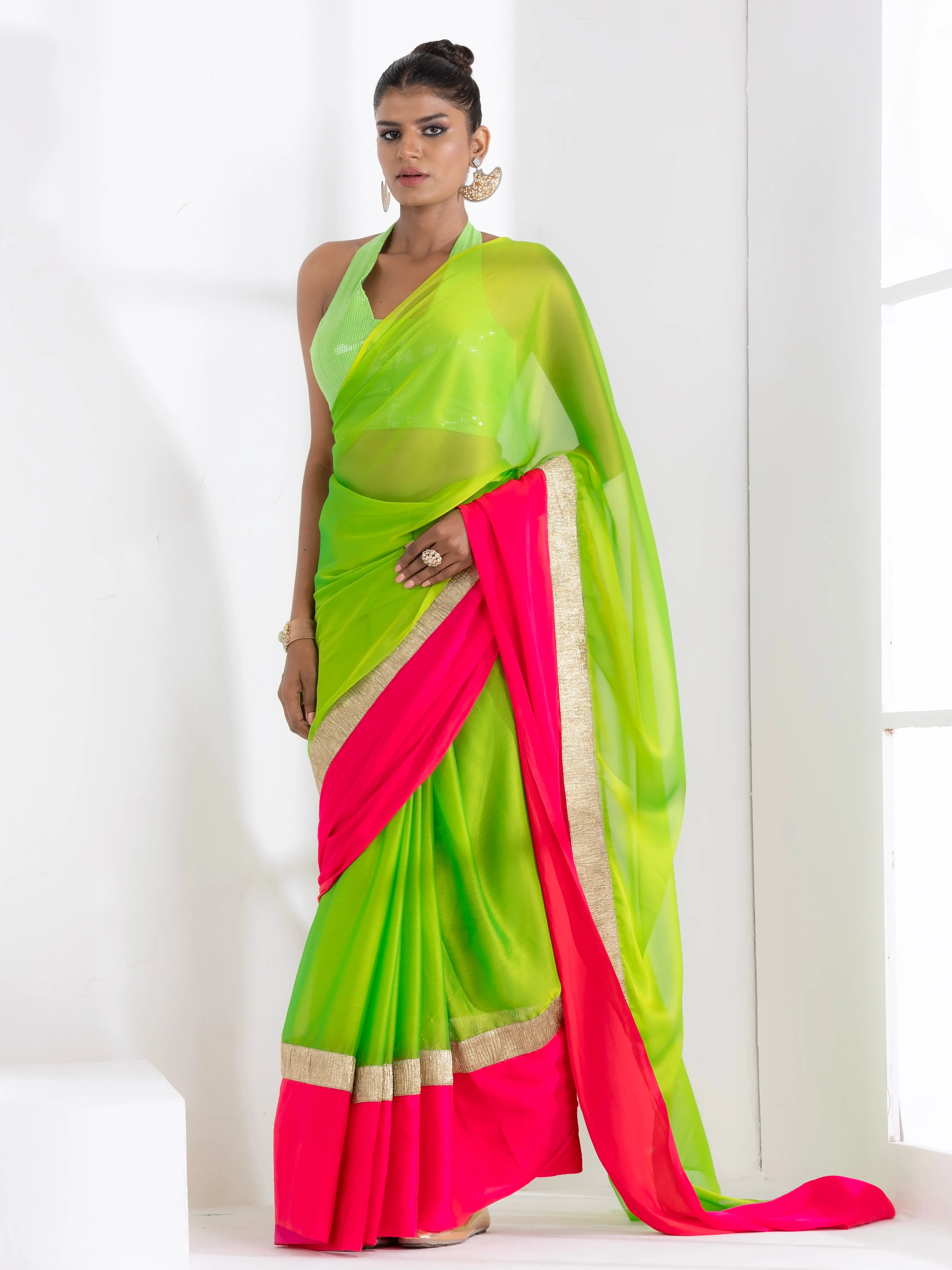 Lime Green Chiffon with Fuchsia Satin Border Saree with Green Sequin Blouse Fabric