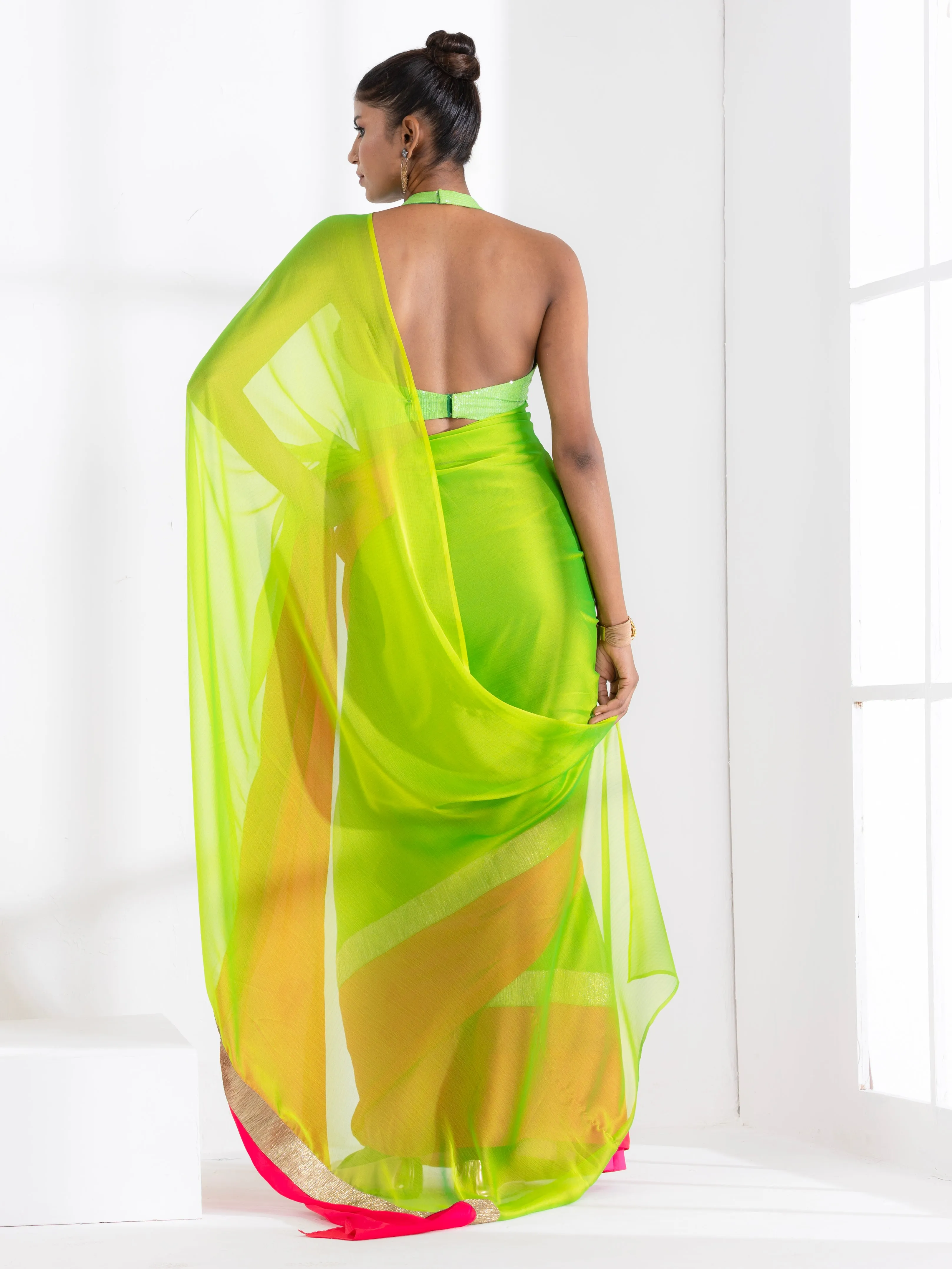 Lime Green Chiffon with Fuchsia Satin Border Saree with Green Sequin Blouse Fabric