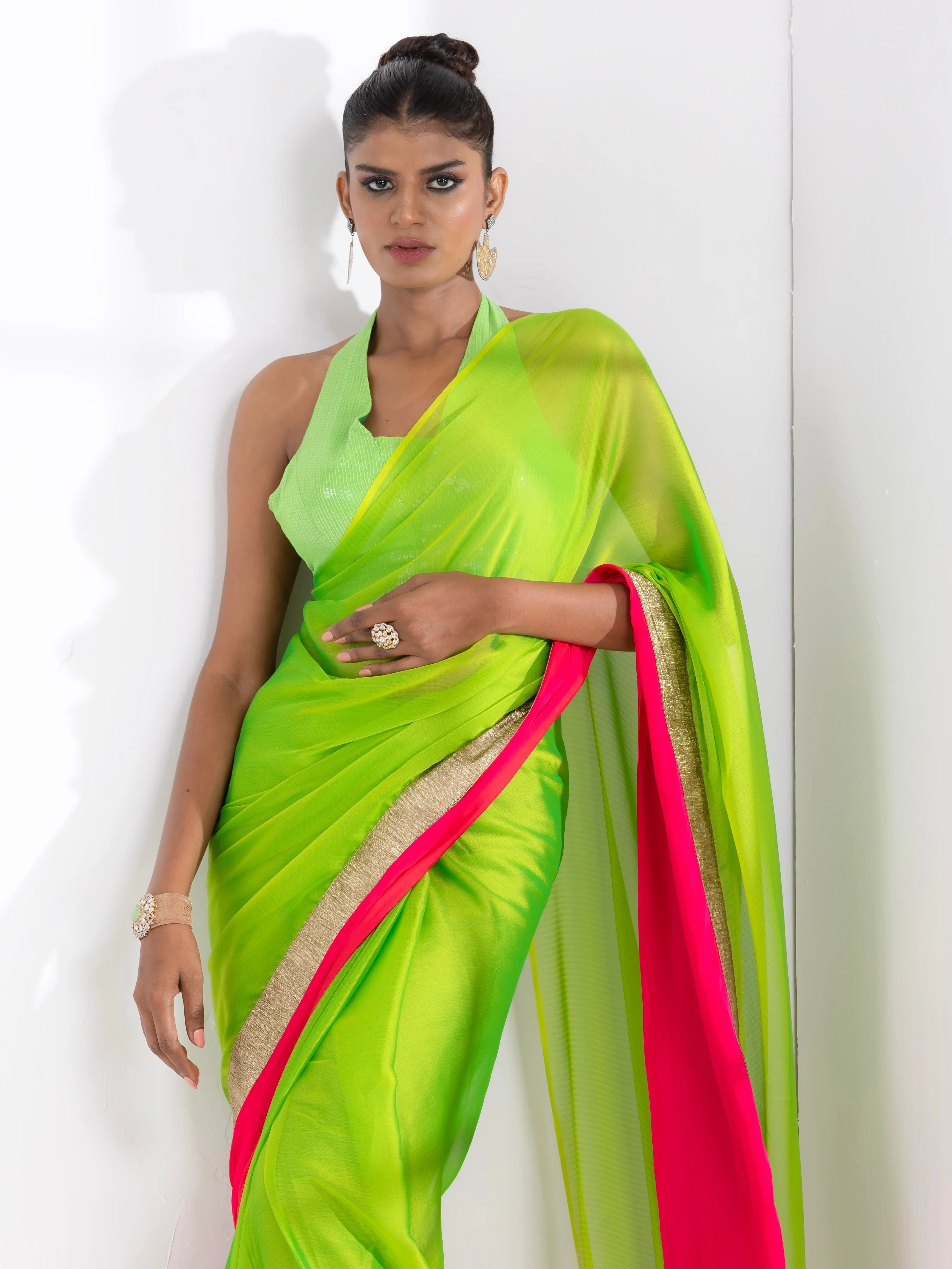 Lime Green Chiffon with Fuchsia Satin Border Saree with Green Sequin Blouse Fabric