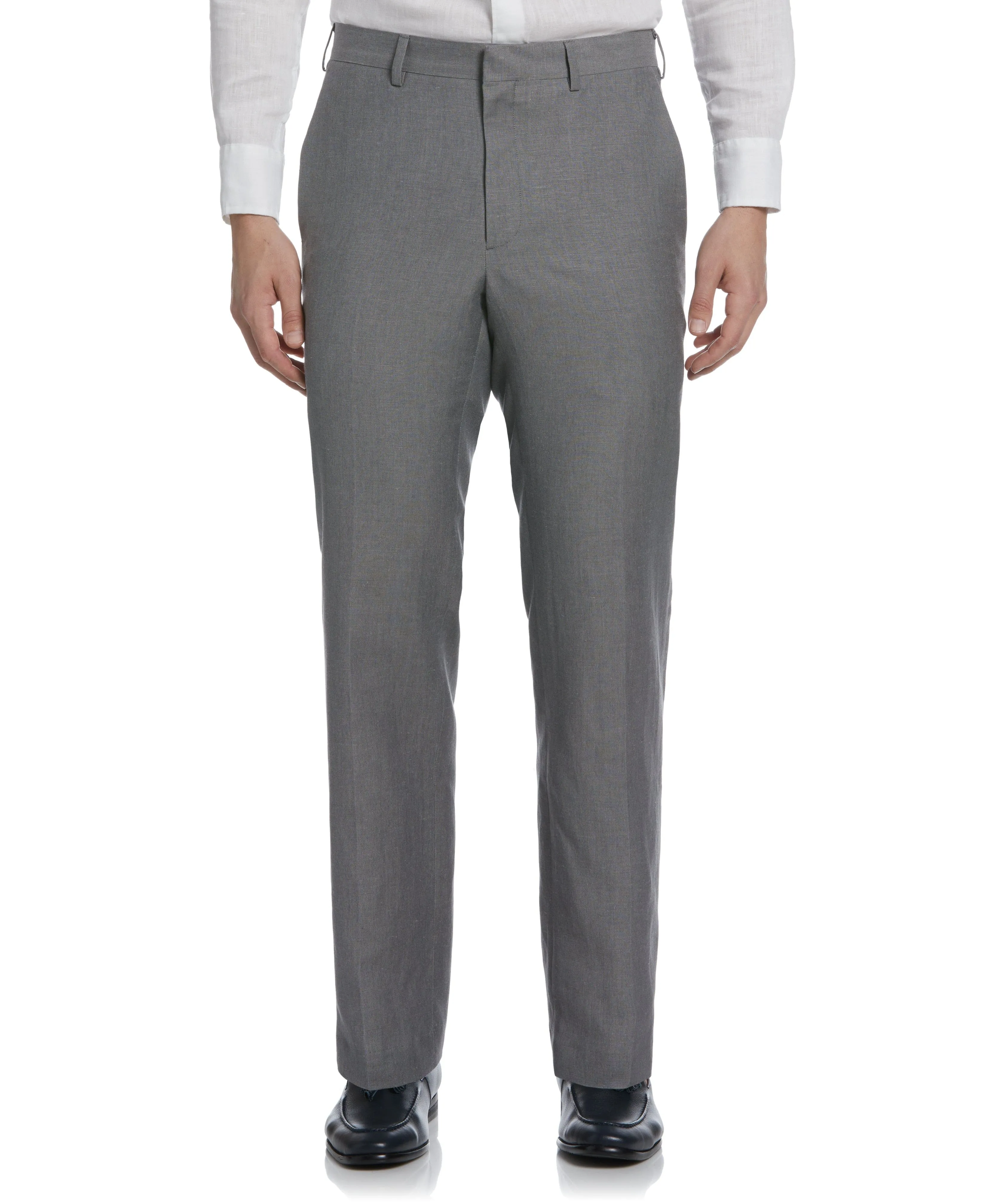 Linen-Blend Flat Front Pants - Gray