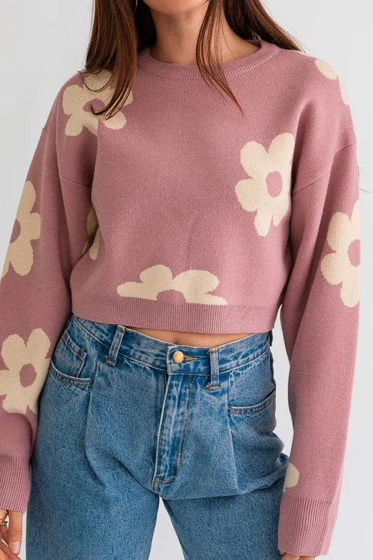 Long Sleeve Crop Sweater with Daisy Pattern