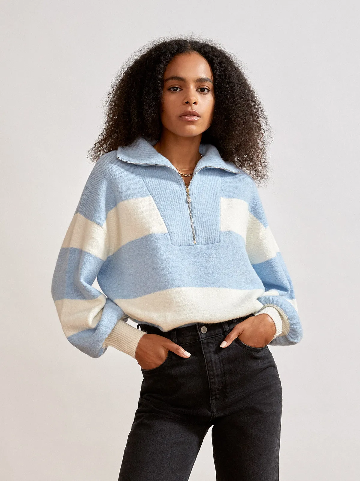 Lorna Blue Striped Alpaca Blend Zip Collar Sweater