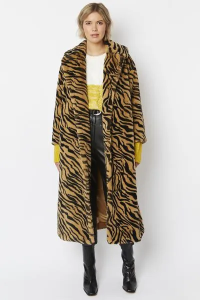 Luxury Faux Fur Maxi Coat - Mocha Stripes