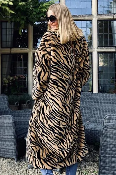 Luxury Faux Fur Maxi Coat - Mocha Stripes