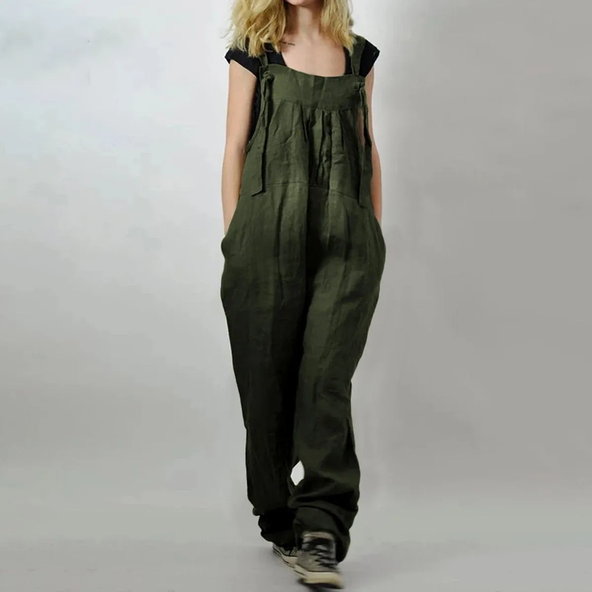 Maternity Cotton And Linen Adjustable Lace-Up Jumpsuit