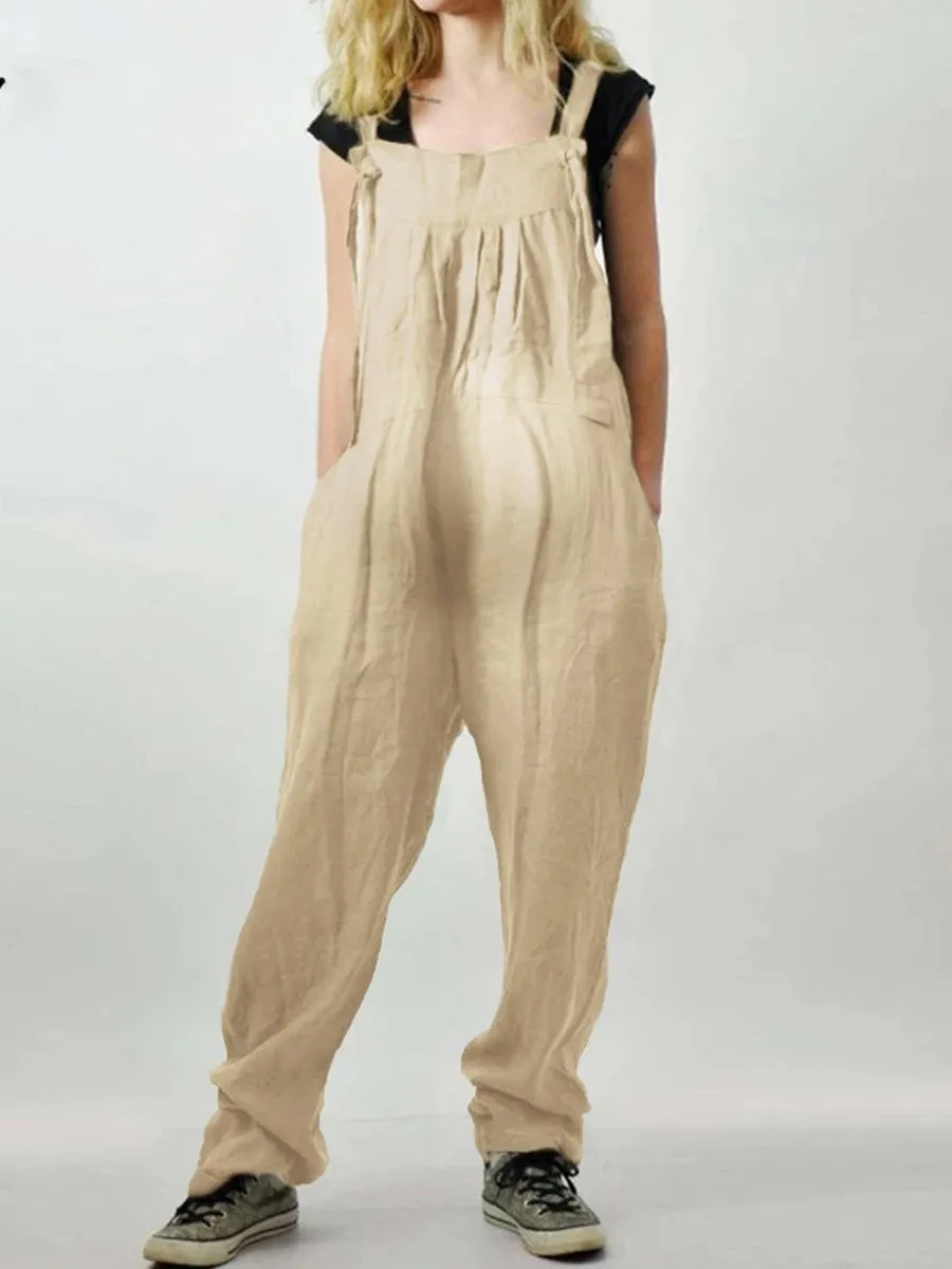 Maternity Cotton And Linen Adjustable Lace-Up Jumpsuit