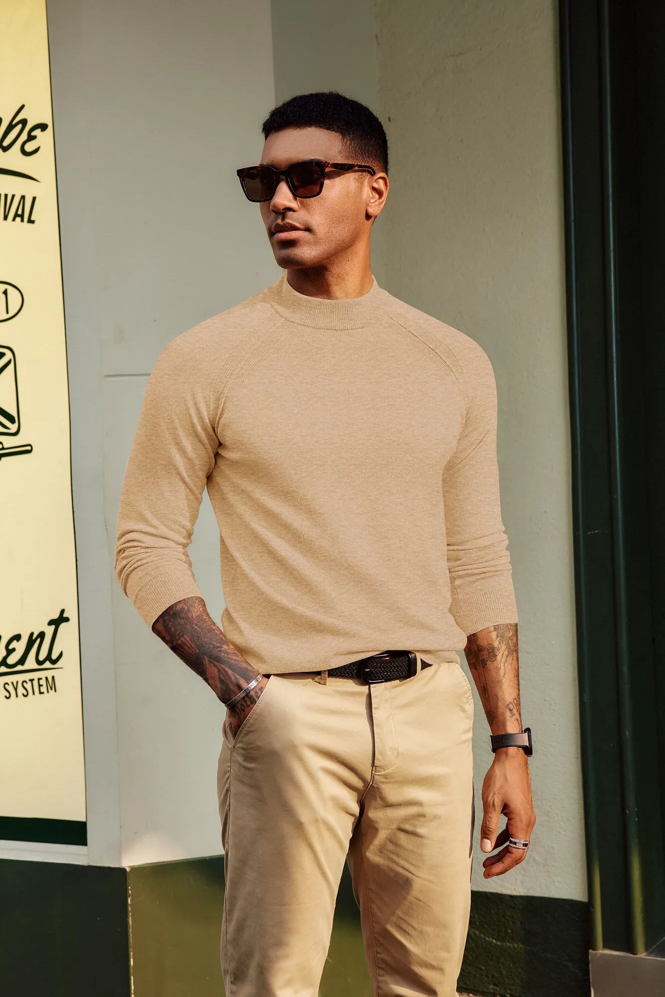 Men Half High-Neck Sweater Long Raglan Sleeve Ribbed Cuff Pullover Knitwear