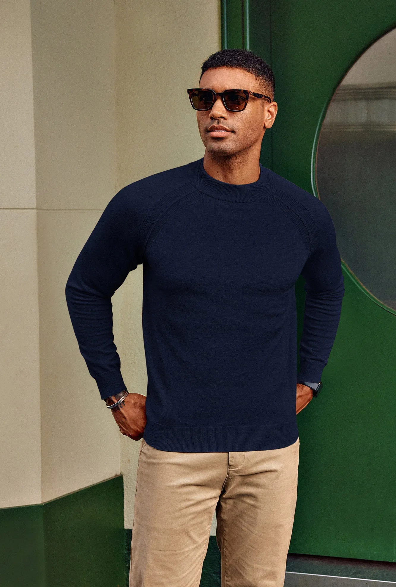 Men Half High-Neck Sweater Long Raglan Sleeve Ribbed Cuff Pullover Knitwear