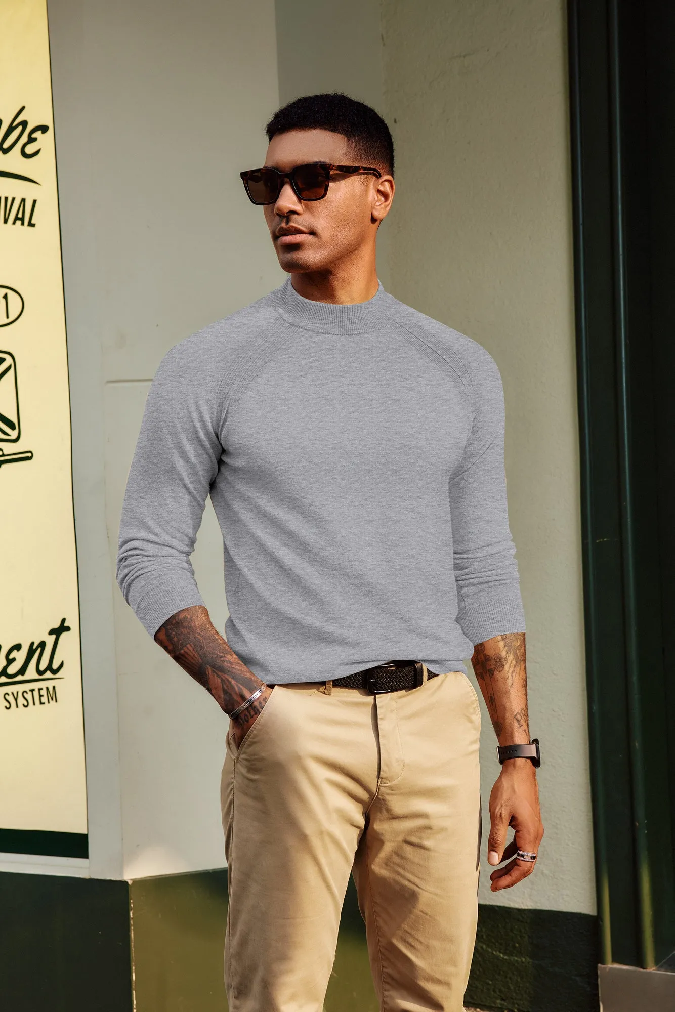 Men Half High-Neck Sweater Long Raglan Sleeve Ribbed Cuff Pullover Knitwear