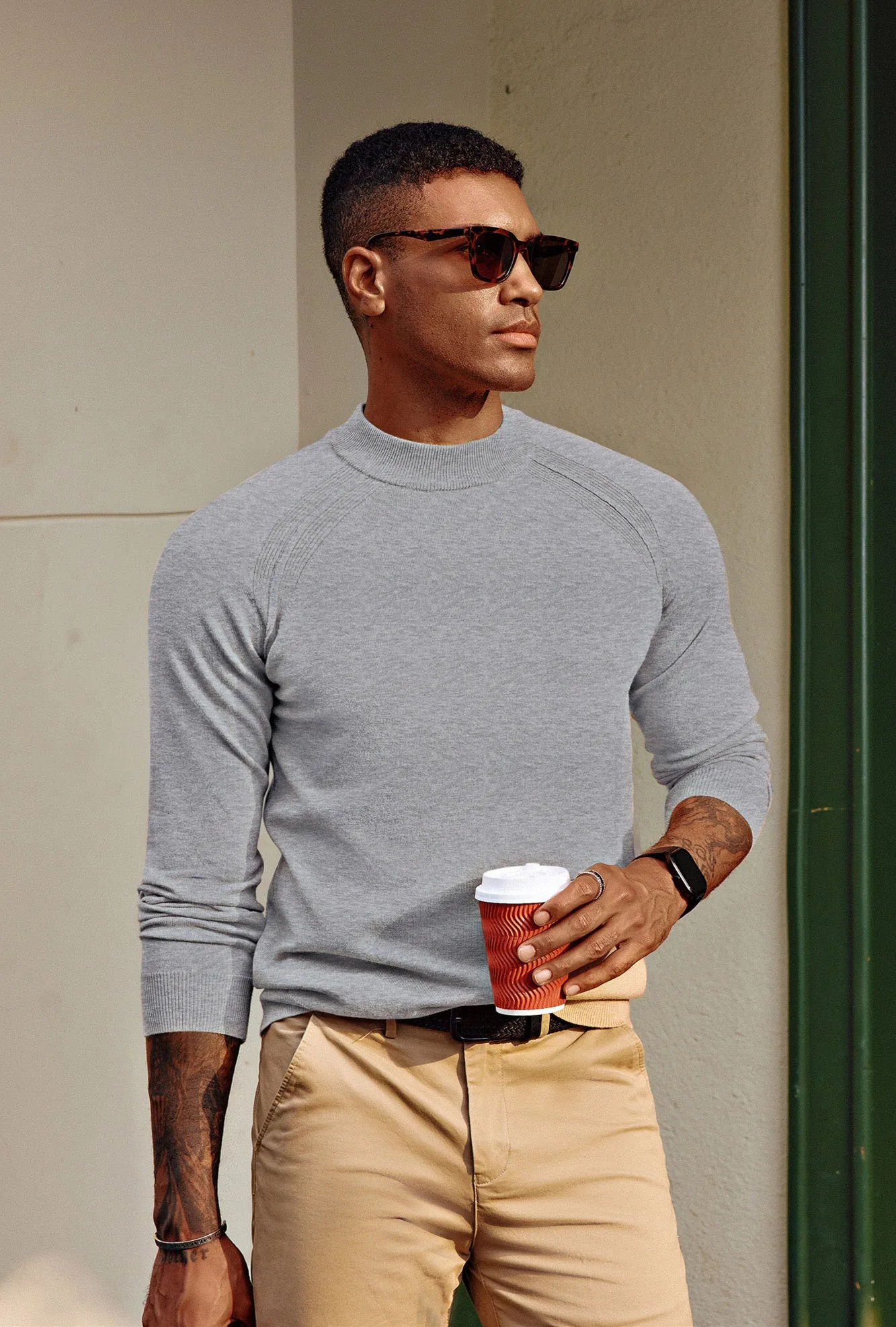 Men Half High-Neck Sweater Long Raglan Sleeve Ribbed Cuff Pullover Knitwear