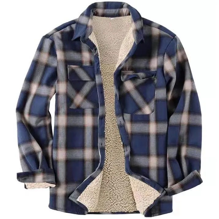 Men Plaid Print Lapel Collar Thermal Lined Shirt Jacket