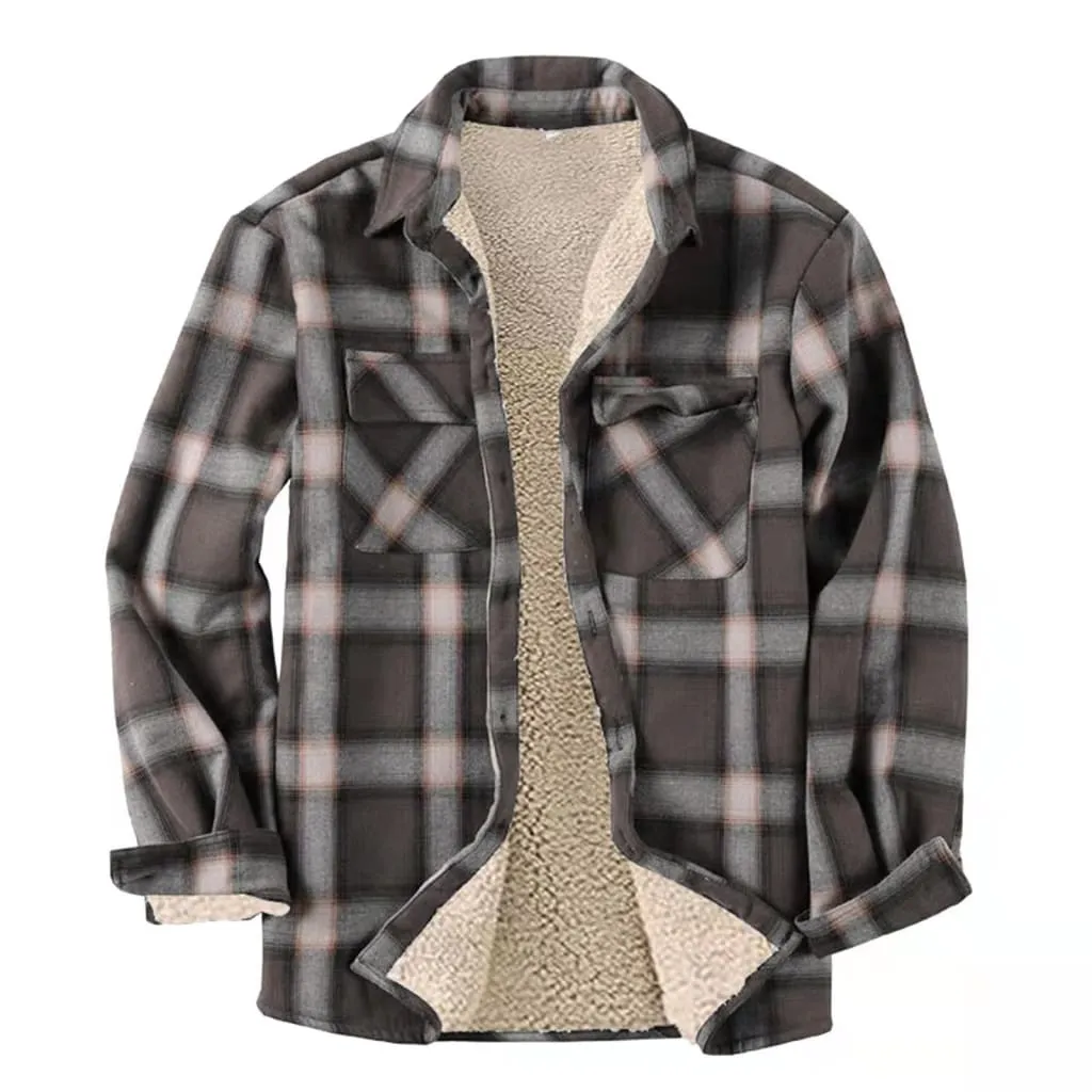 Men Plaid Print Lapel Collar Thermal Lined Shirt Jacket