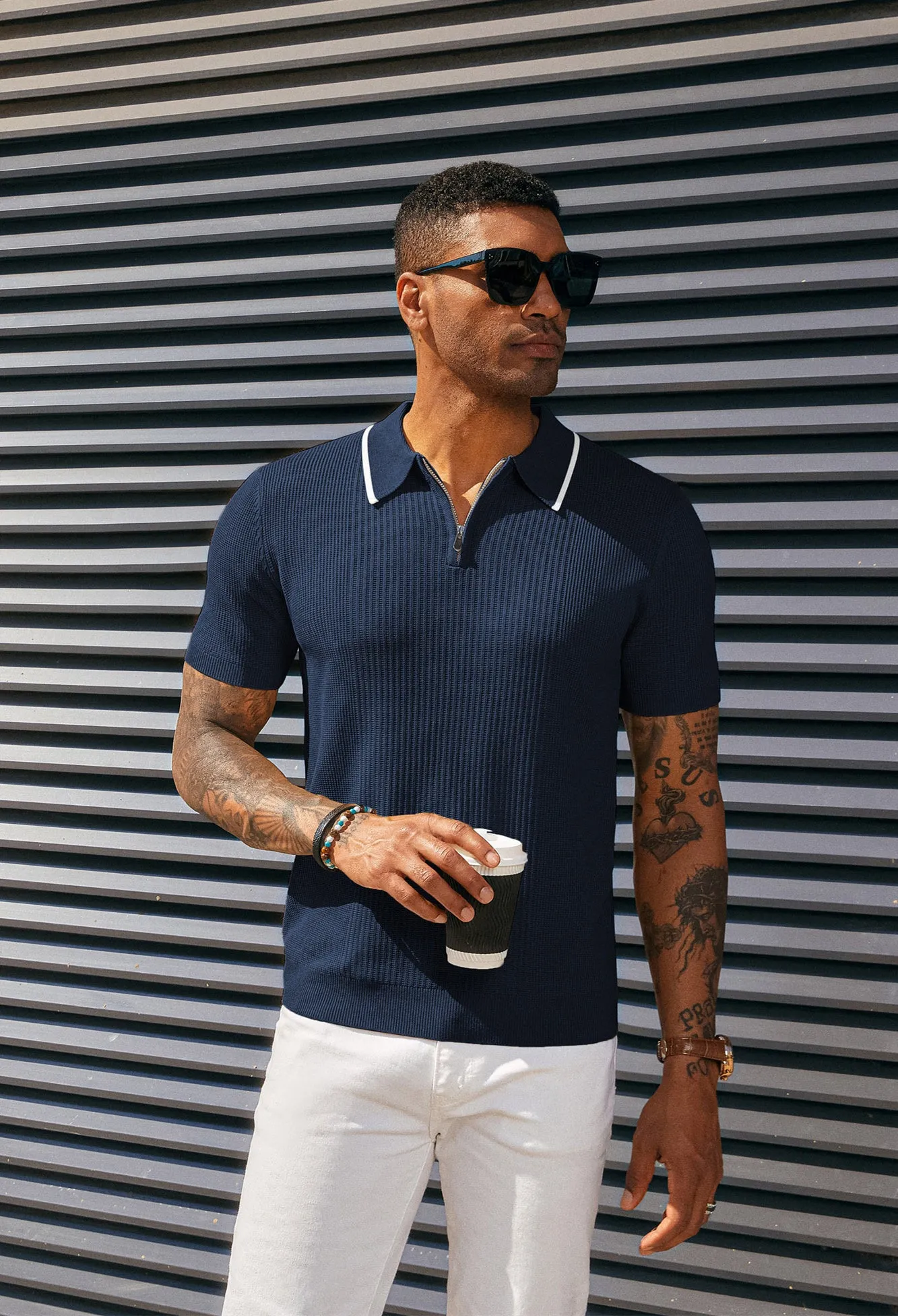 Men Stylish Lapel Collar Knitted Polo-Shirt Short Sleeve Zip-up Neck Knitwear