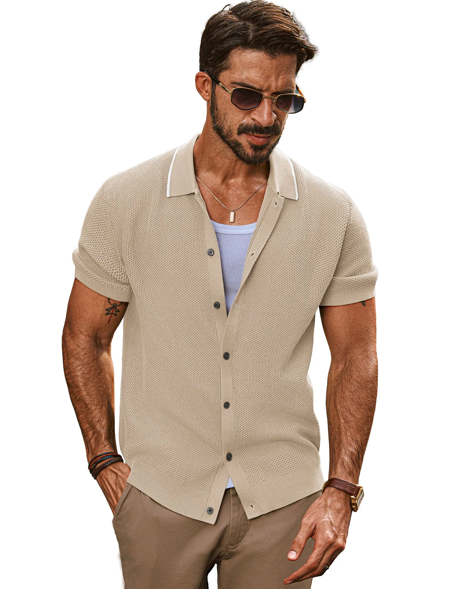 Men Textured Cardigan Short Sleeve Lapel Collar Button-up Sweater Knitwear