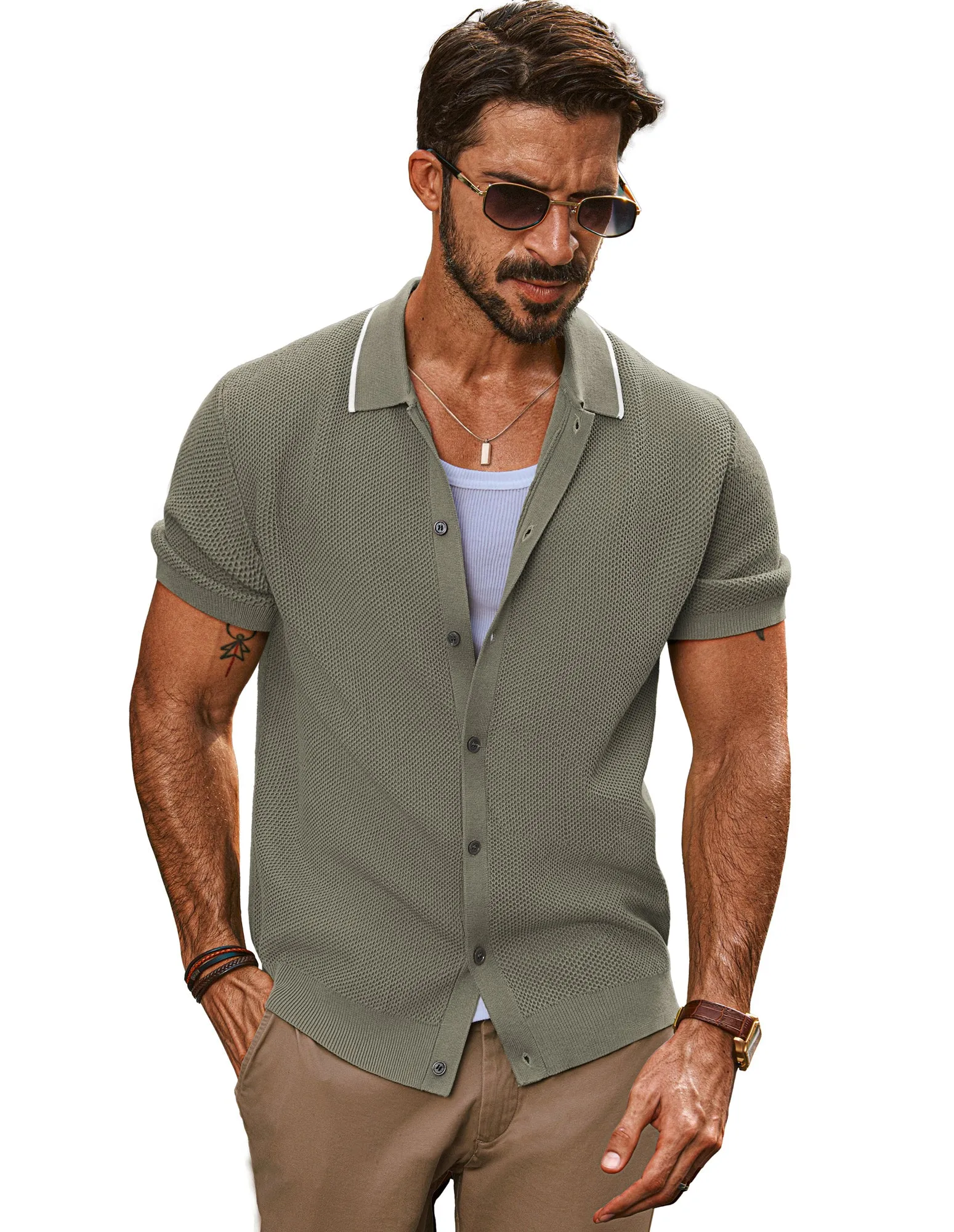 Men Textured Cardigan Short Sleeve Lapel Collar Button-up Sweater Knitwear