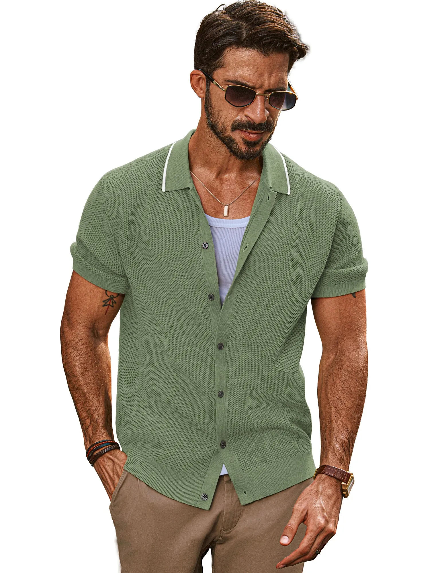 Men Textured Cardigan Short Sleeve Lapel Collar Button-up Sweater Knitwear